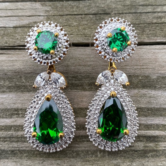 Emerald CZ drop earrings converts to studs or dangle halo gold tone - Picture 10 of 14